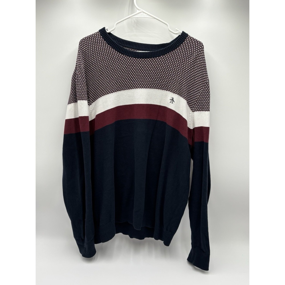 Original Penguin Men's‎ XL Sweater Navy Burgundy White 100% Cotton Crewneck
